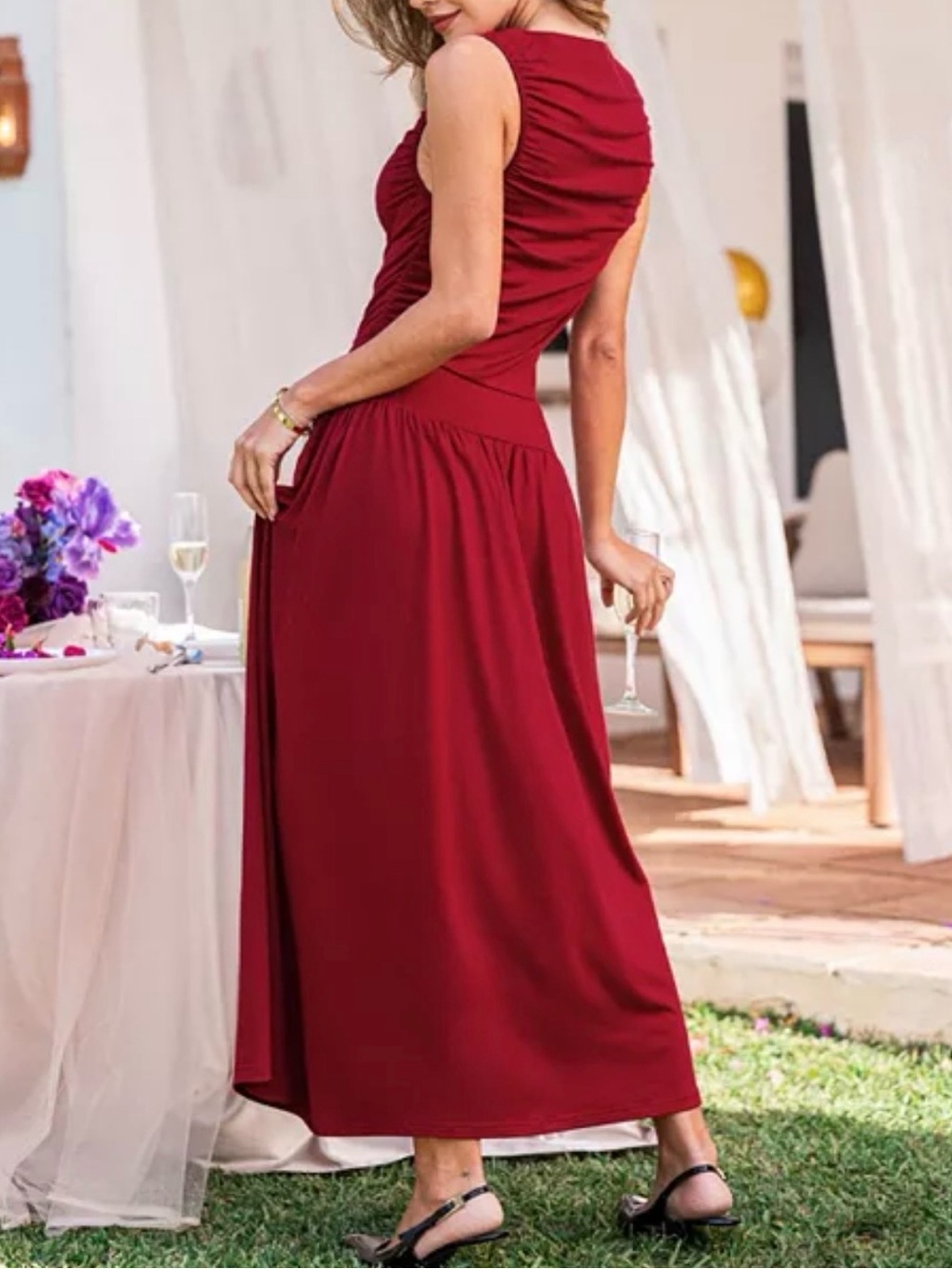Cupshe Women's Knit BoatNeck Elegant Sleeveless Maxi Dress in Red Size Small - Picture 2 of 6